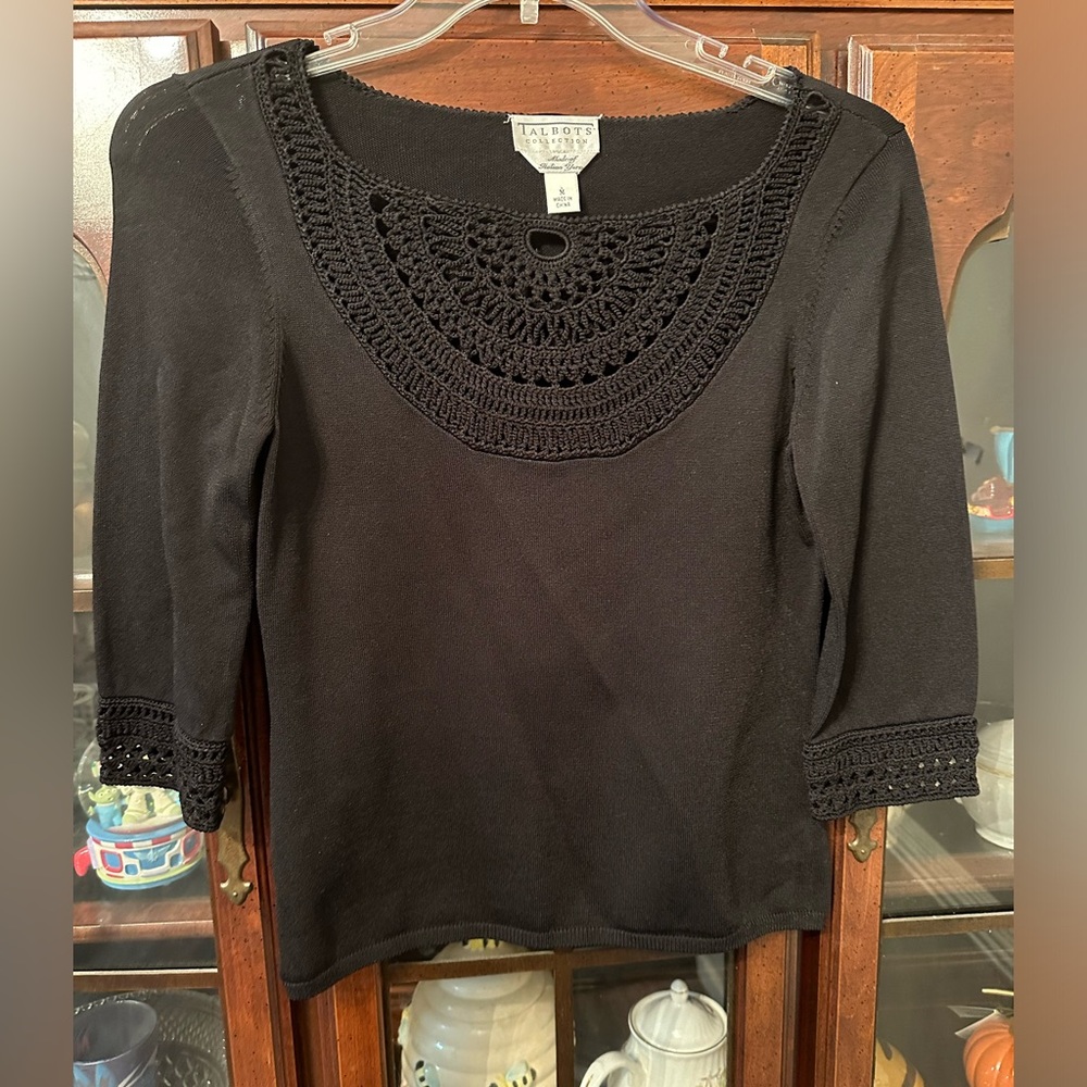 TALBOTS Collections Top Women Medium Black ¾ Sleeve Crochet Stretch Italian Yarn